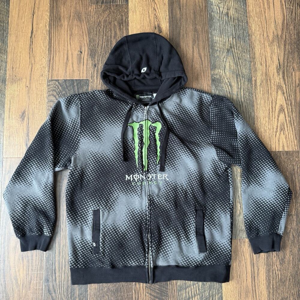 Vintage Monster Energy Full Zip Hoodie L Gray Black Dot Pattern Y2K Gorpcore